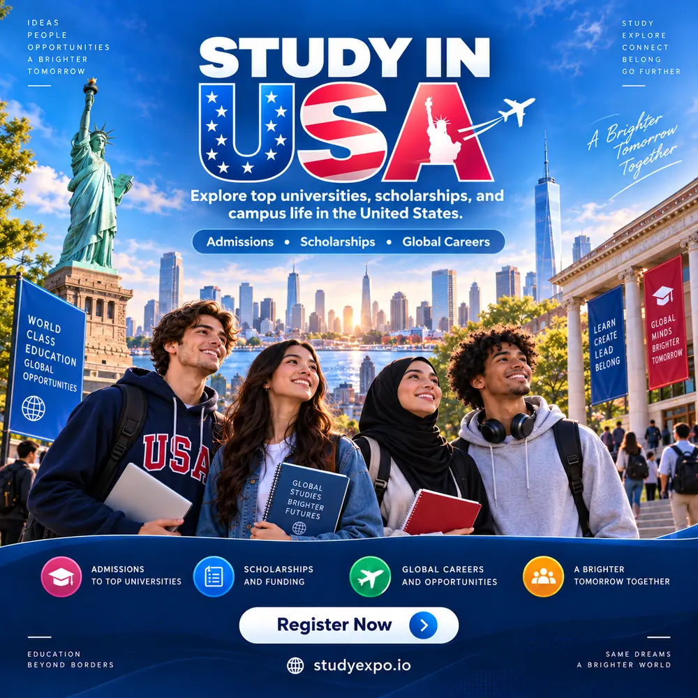 World Study Expo poster: study in the USA, admissions, scholarships and campus life